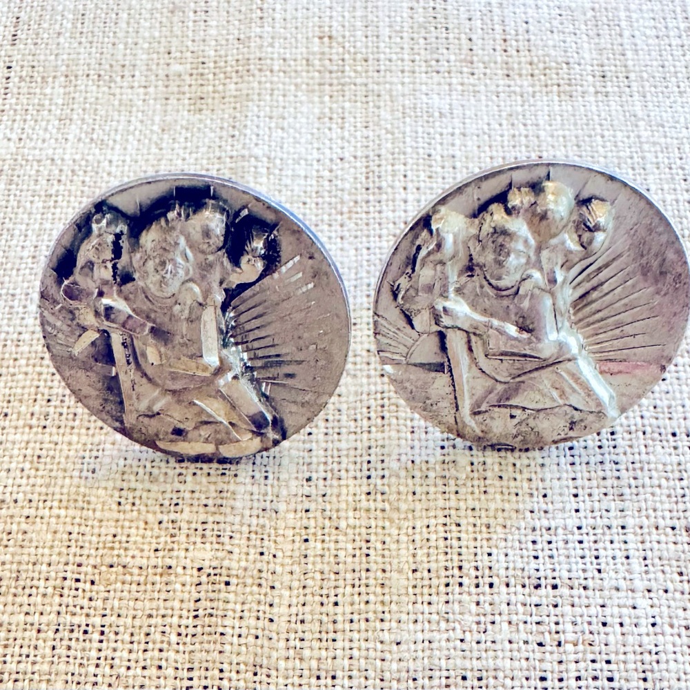 Vintage mens sterling cufflinks, man w walking stick carrying child on his back